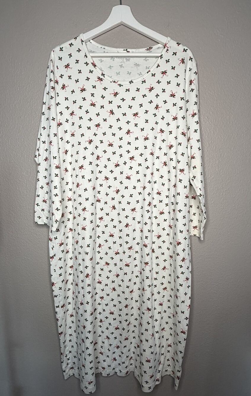 Lands' End Winter Holly Bows Holiday Cottagecore Nightgown Night Shirt Midi 1X